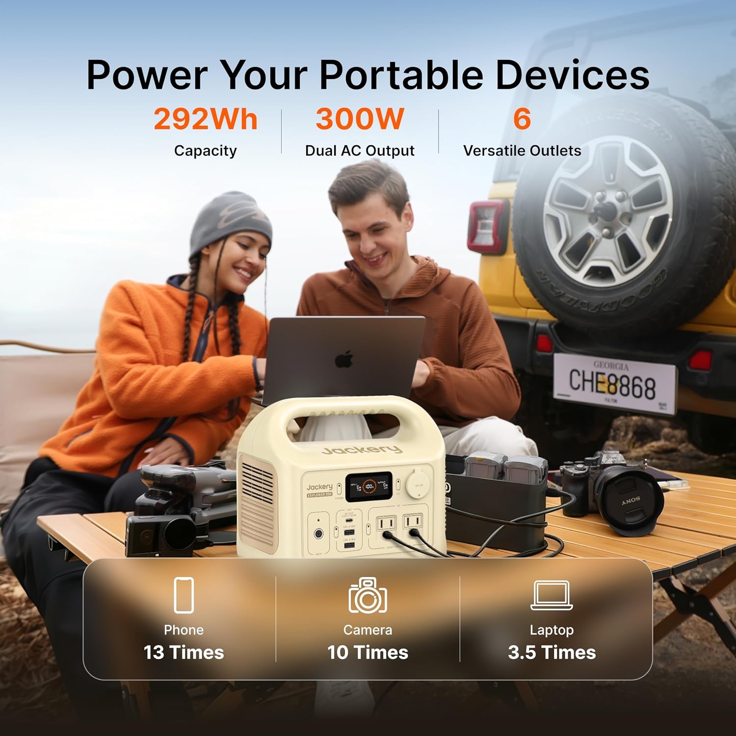 image:imageJackery Solar Generator 300 292Wh Backup LiFePO4 Battery with 1XSolar Panel SolarSaga 100W 300W Pure Sine Wave AC Outlet for RV Outdoors Camping Travel BlackoutE300 Dune White