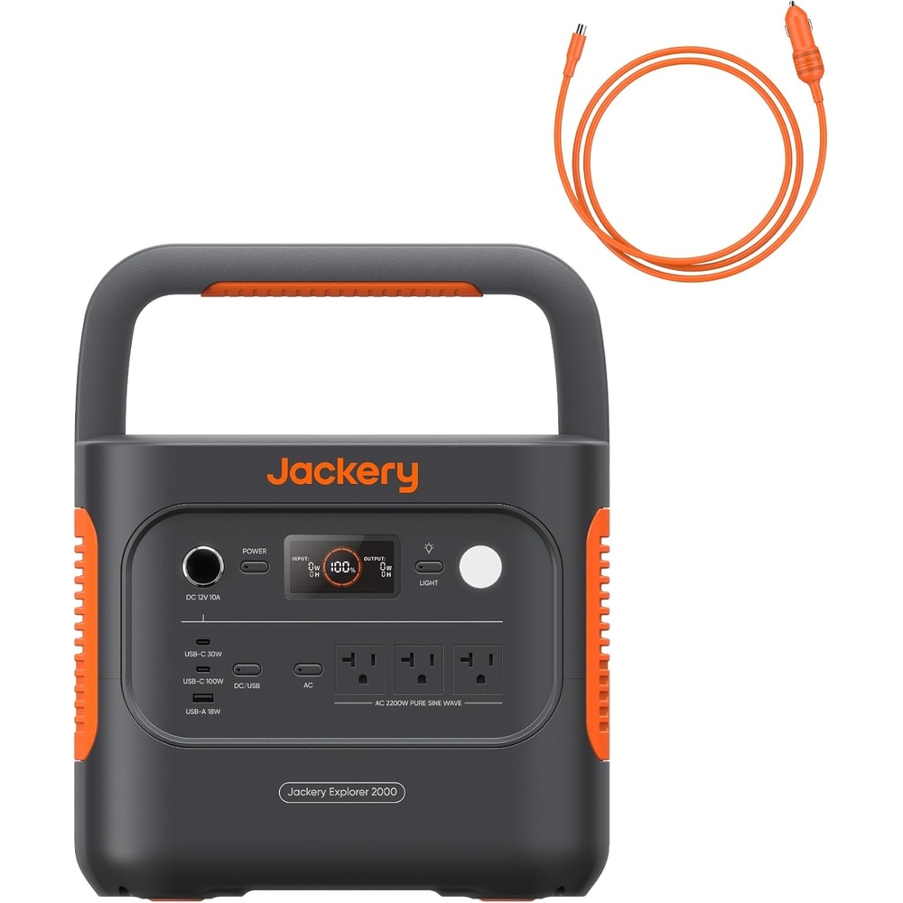image:imageJackery Explorer 2000 v2 Portable Power Station with 2x200W Solar Panels 2042Wh LiFePo4 Battery 2200W Solar Generator 20ms UPS USBC PD 100W Fast Charging for Power Outages Emergencies CampingExplorer 2000 v2Car Charging Cable