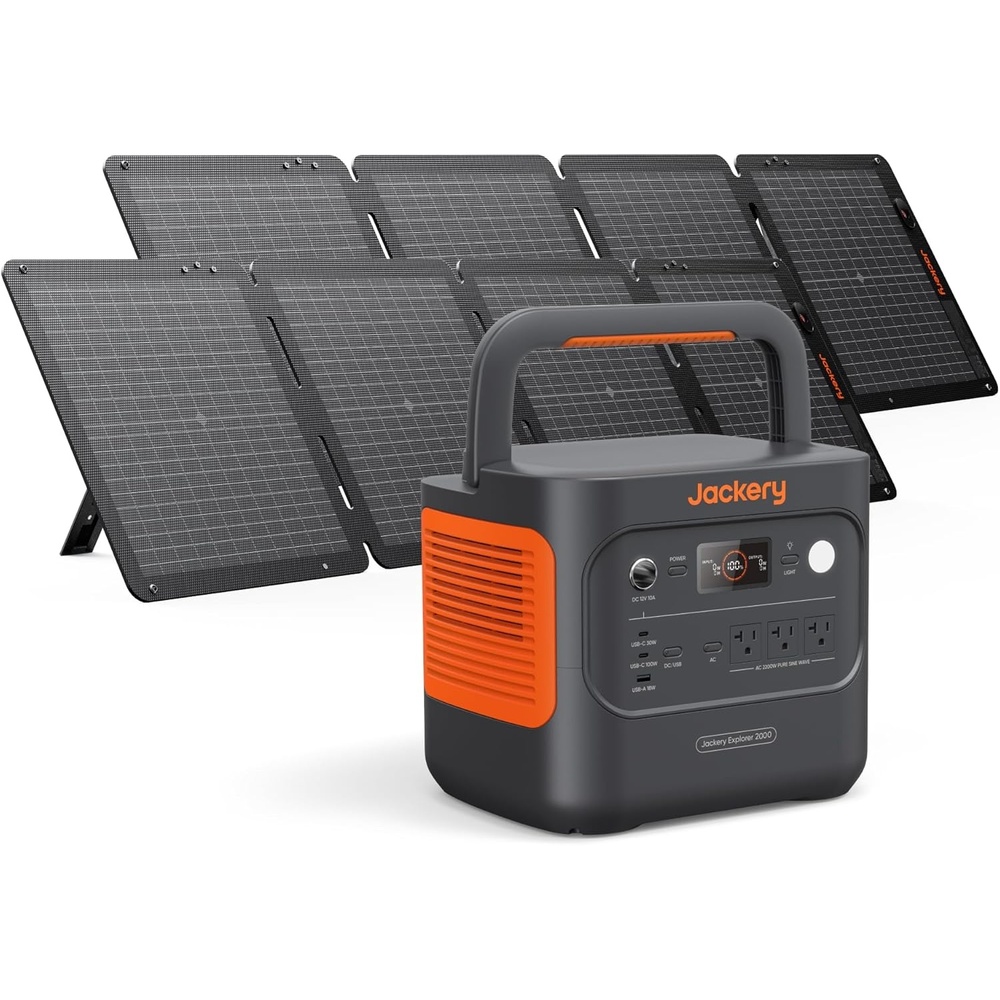 image:imageJackery Explorer 2000 v2 Portable Power Station with 2x200W Solar Panels 2042Wh LiFePo4 Battery 2200W Solar Generator 20ms UPS USBC PD 100W Fast Charging for Power Outages Emergencies CampingE2000v2100Wx2