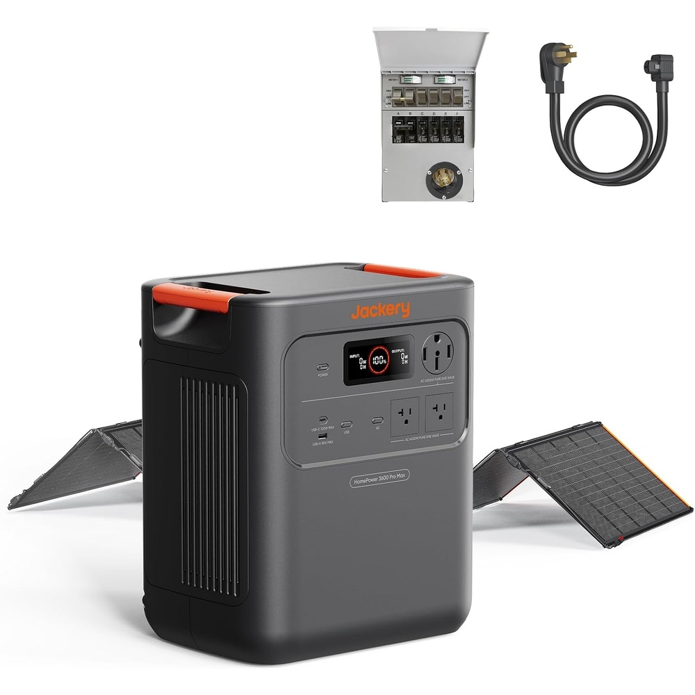 image:imageJackery HomePower 3600 Pro Max Portable Power Station with 2x200W Solar Panels 4000W 120V240V AC Output 3584Wh LFP Battery Expandable to 21kWh Essential Home Backup for Outages amp EmergenciesHomePower 3600 Pro Max500WMTS40A Charging Cable
